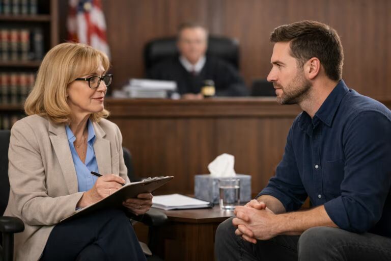 Court-ordered psychological evaluation process in a legal setting, with psychologist and client in discussion.