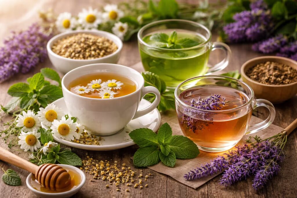 Various herbal teas like chamomile, peppermint, and lavender in teacups with steam rising, symbolizing relaxation and anxiety relief. tea for anxiety relief