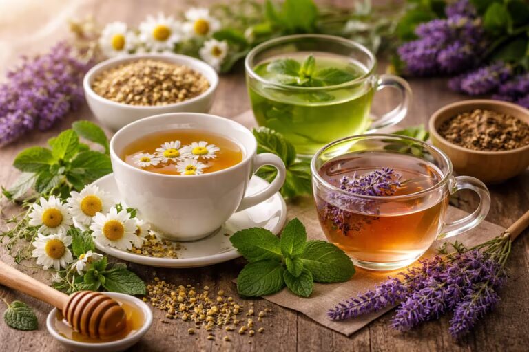 Various herbal teas like chamomile, peppermint, and lavender in teacups with steam rising, symbolizing relaxation and anxiety relief. tea for anxiety relief