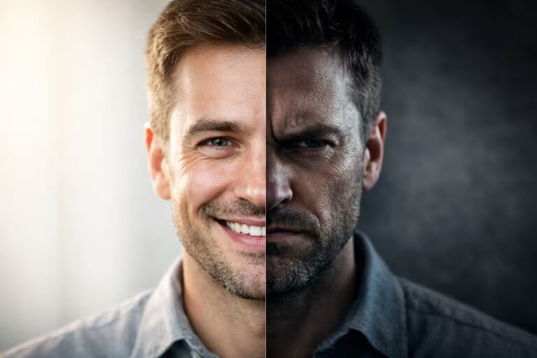 Covert narcissist facial expressions contrasting happiness and hidden anger