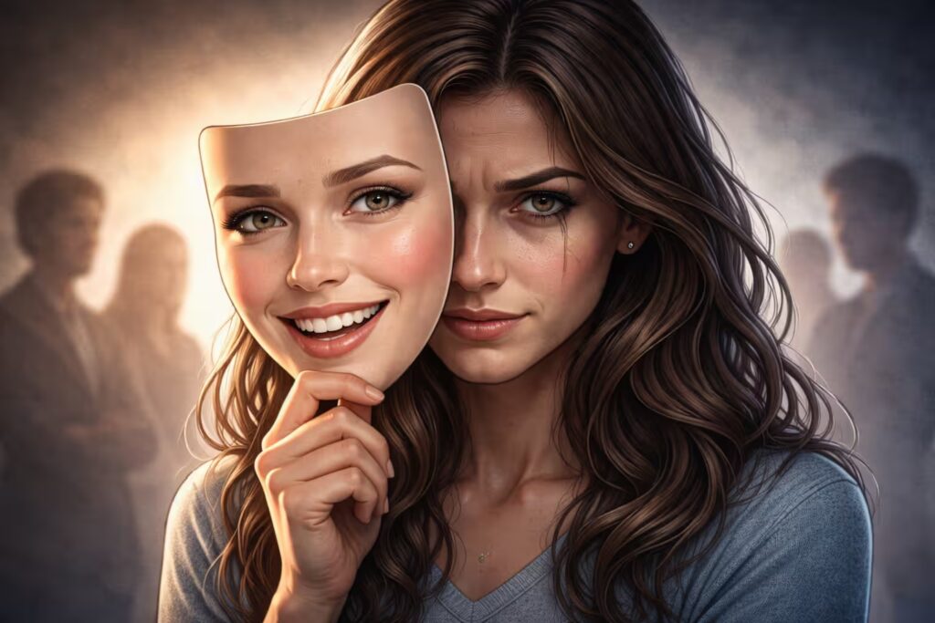 Covert narcissist behavior: A woman holding a cheerful mask in front of her face, revealing a sad expression behind it, symbolizing the hidden emotions of a covert narcissist.