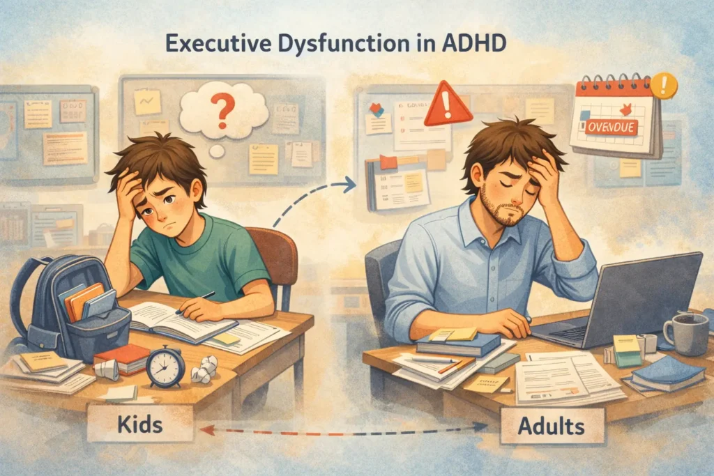 Executive dysfunction ADHD in children compared to adults