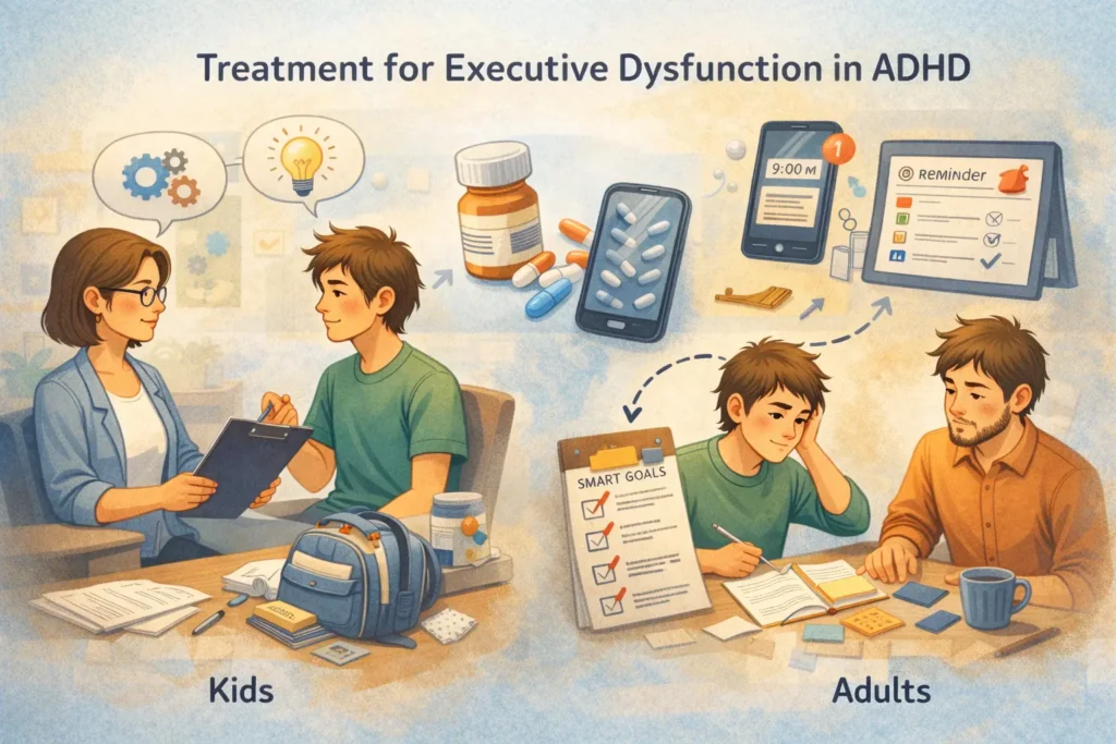 Treatment options for executive dysfunction in ADHD including therapy and medication