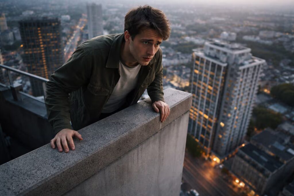 Person experiencing fear of heights while standing on a tall building