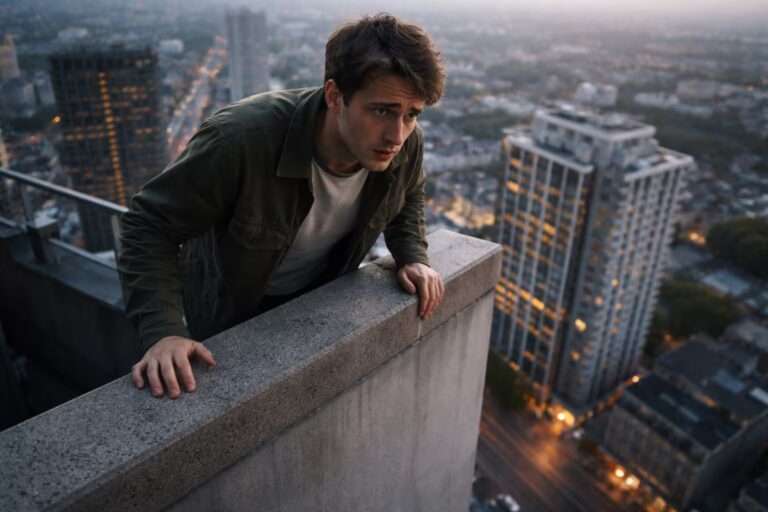 Person experiencing fear of heights while standing on a tall building