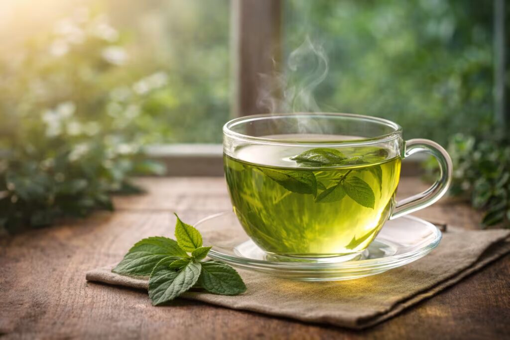 Green tea in a cup with fresh tea leaves, symbolizing its calming and anxiety-relieving benefits.