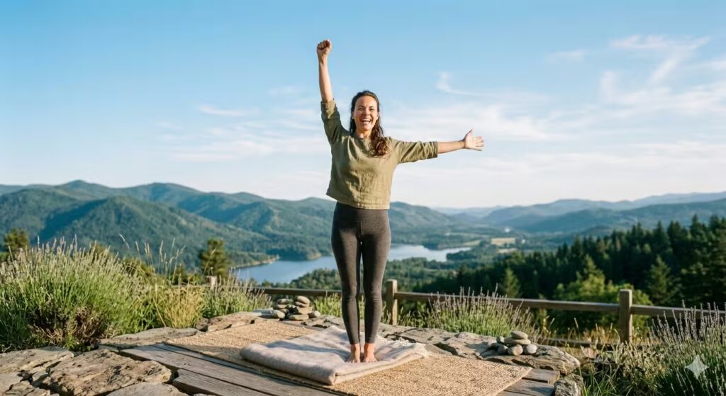 Person overcoming fear of heights and feeling empowered