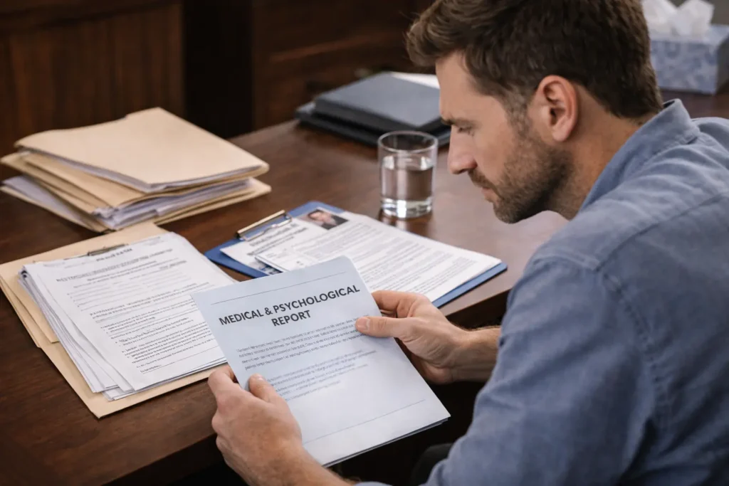 Person preparing for a court-ordered psychological evaluation by reviewing medical records.