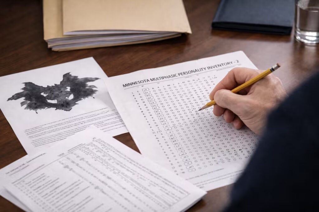 A person taking a psychological test like MMPI as part of a court-ordered psychological evaluation.