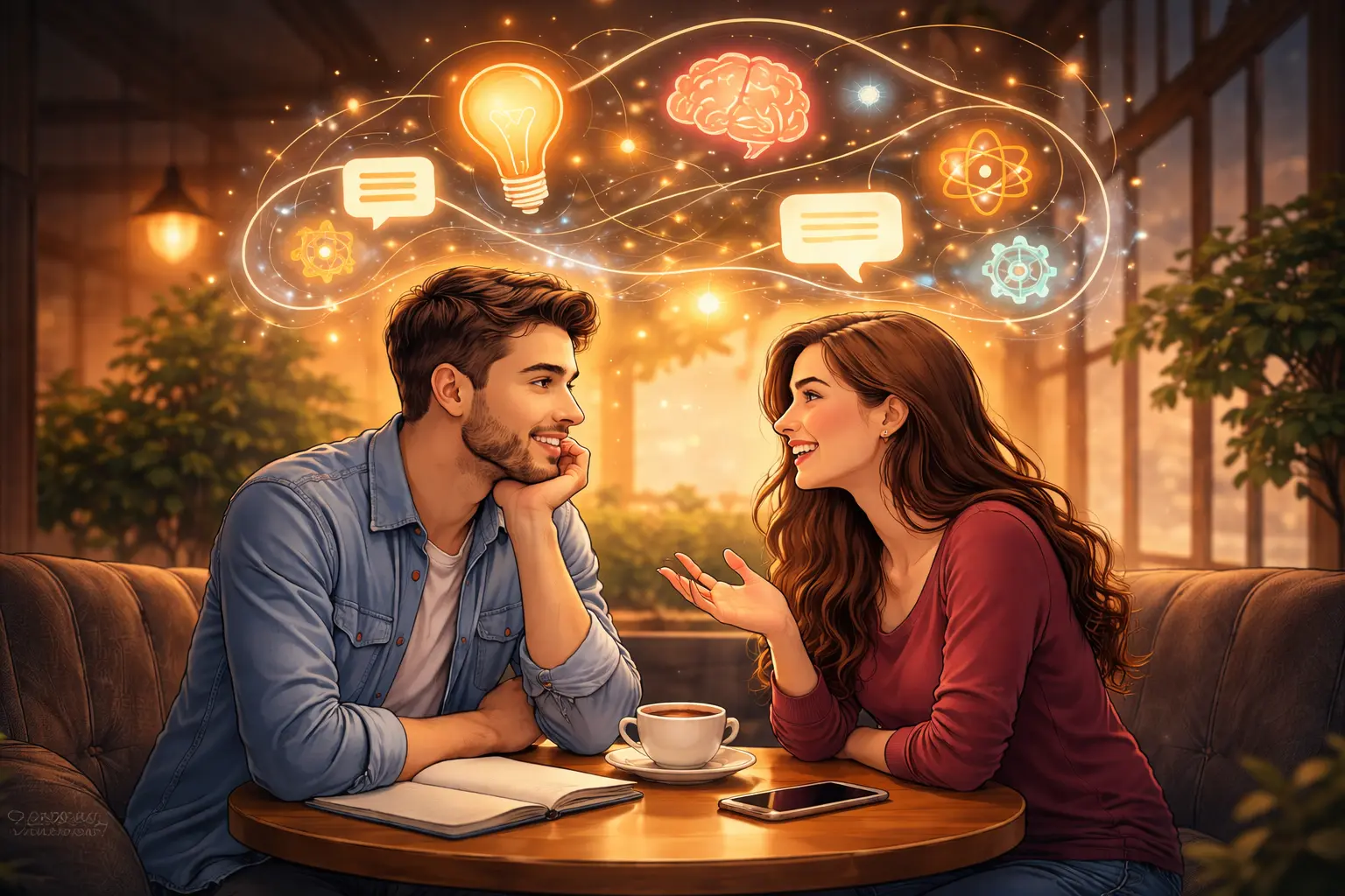 Illustration of two people engaging in intellectual attraction, representing sapiosexuality.