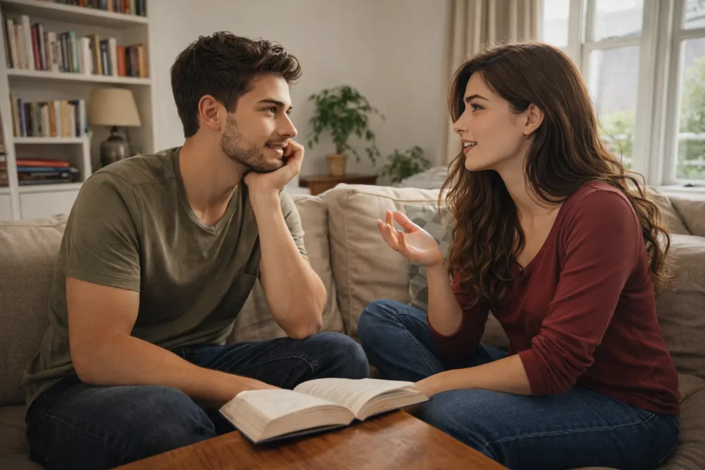 Couple engaging in a deep intellectual conversation in a romantic relationship.