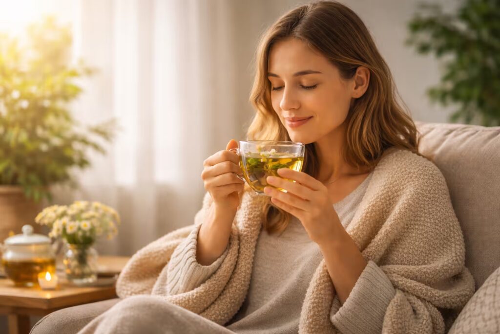 Person enjoying a self-care moment with a cup of herbal tea, sitting in a peaceful environment to relieve anxiety.