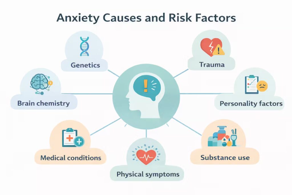 Infographic showing common causes and risk factors linked with anxiety