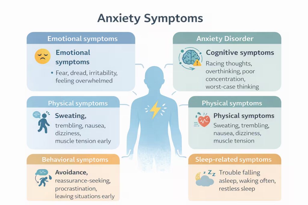 Illustration showing emotional cognitive physical behavioral and sleep-related symptoms of anxiety
