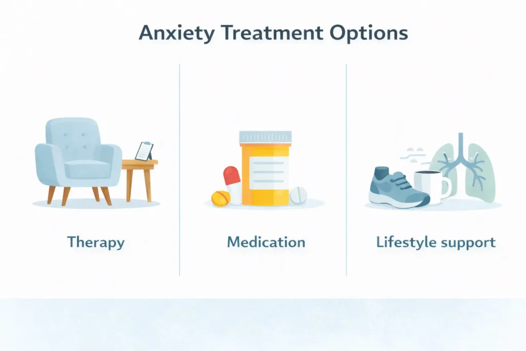 Illustration showing therapy medication and lifestyle support as treatment options for anxiety