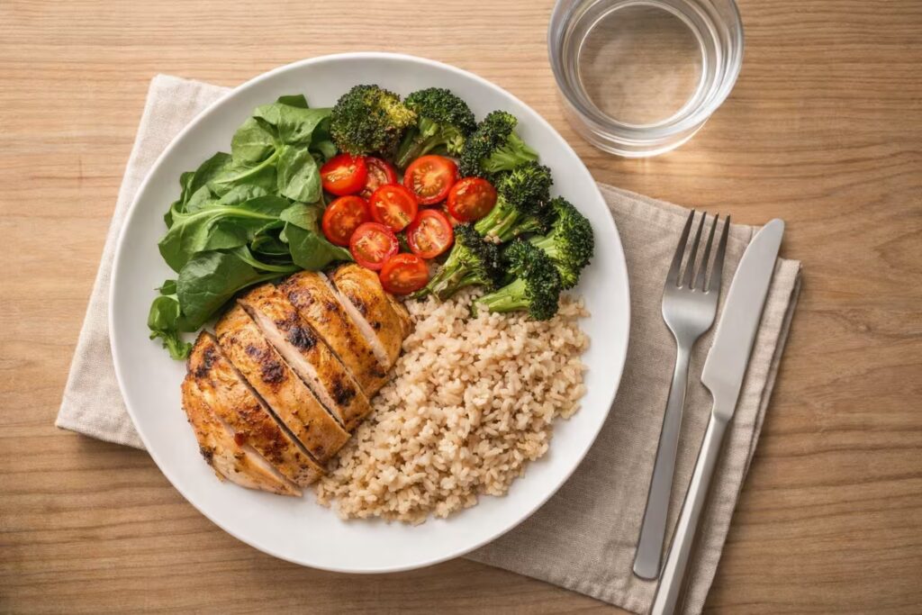 Balanced meal with protein and fiber plus water to support stress management naturally