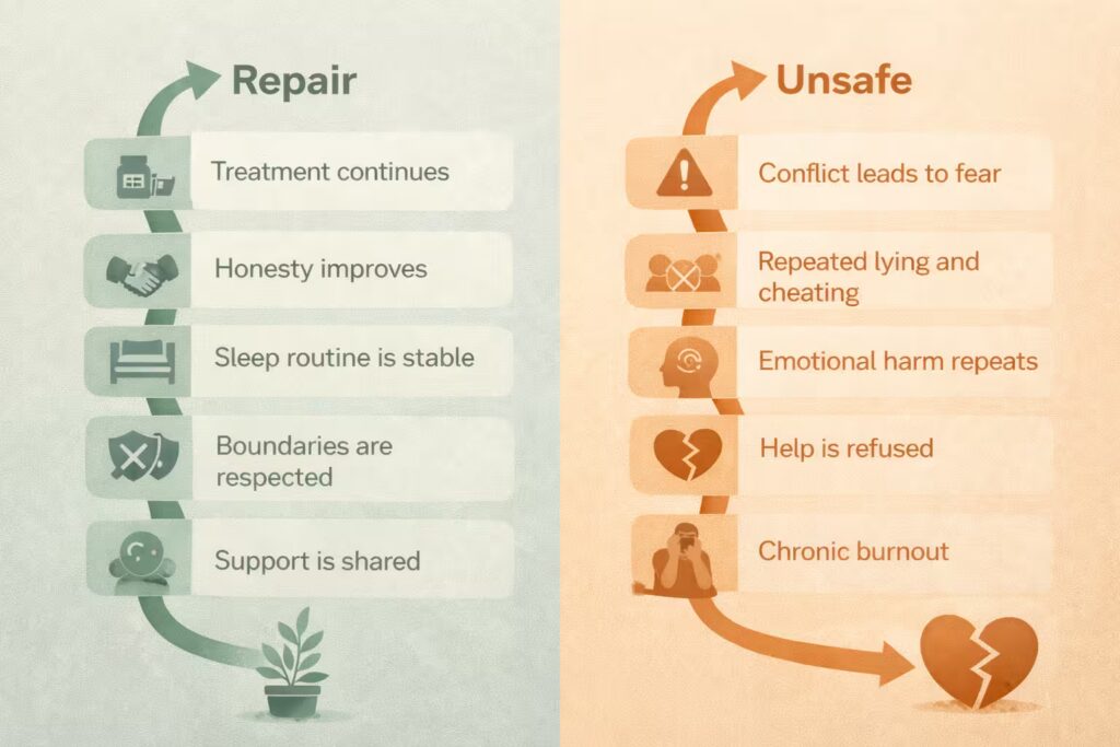 Infographic showing repair signs and unsafe warning signs in a bipolar relationship
