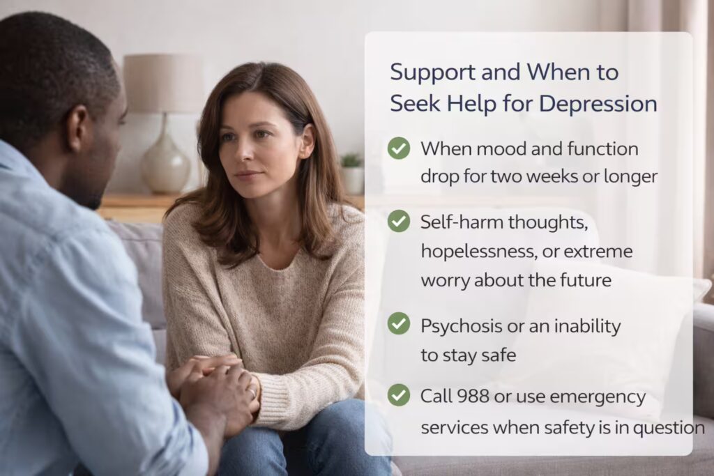 Supportive mental health image showing a trusted conversation and when to seek help for depression