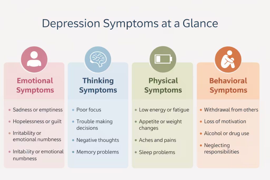 Infographic showing emotional, physical, thinking, and behavioral symptoms of depression