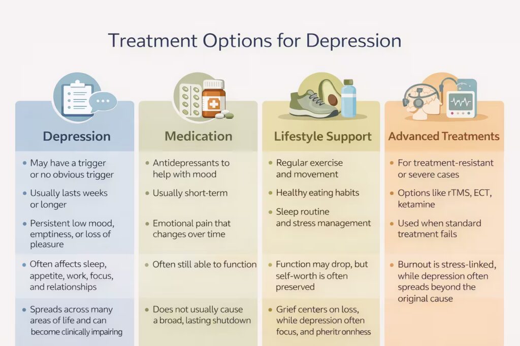 Visual showing therapy, medication, lifestyle support, and advanced treatment options for depression