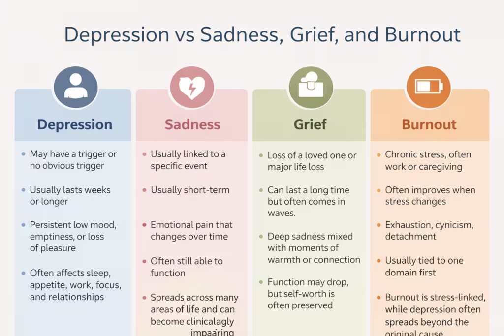 Comparison graphic explaining depression versus sadness, grief, and burnout