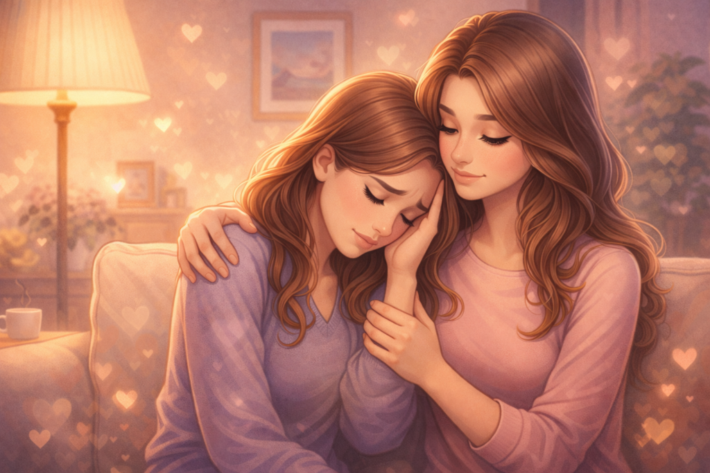 A woman showing empathy and emotional intelligence while comforting a friend.