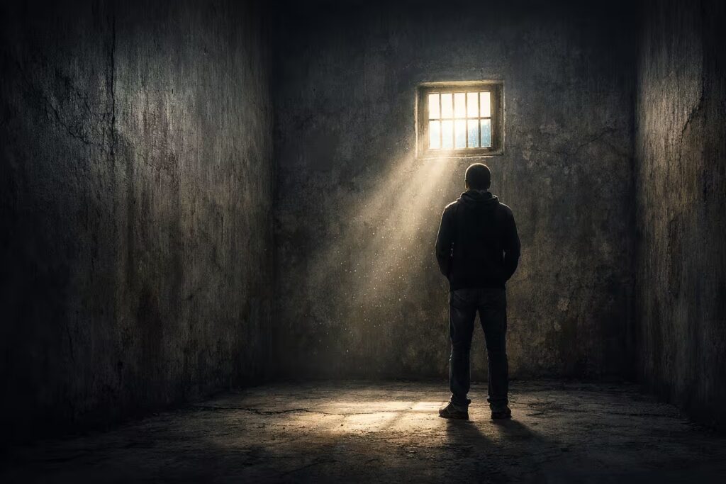 Person feeling trapped inside a room with high walls, symbolizing emotional confinement and isolation.