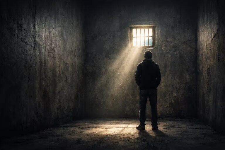 Person feeling trapped inside a room with high walls, symbolizing emotional confinement and isolation.