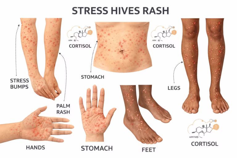 how to get rid of stress hives? Stress hives rash on arms, legs, hands, stomach, and feet on black skin.