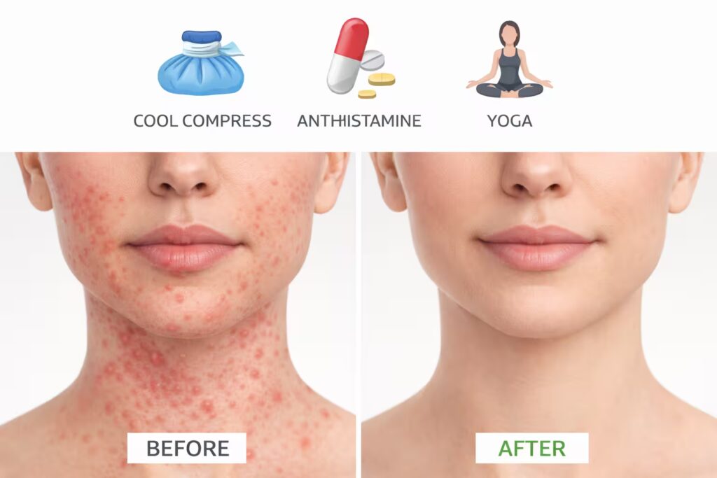 Before and after treatment for stress hives rash on face and lips.