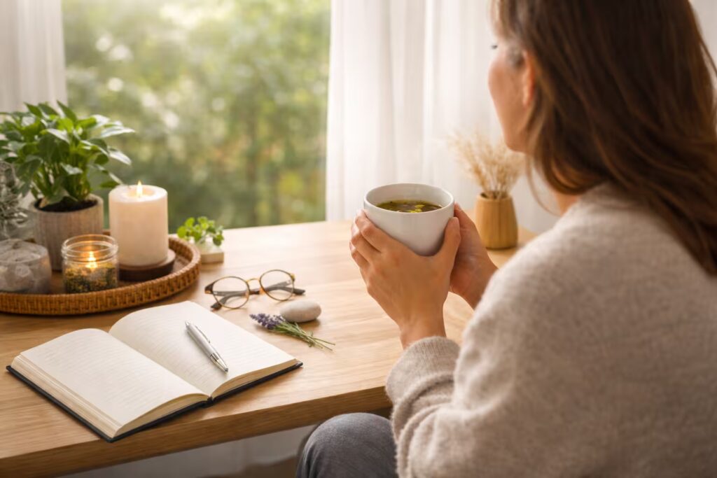 Calm morning routine showing natural stress relief habits (tea, sunlight, journaling)