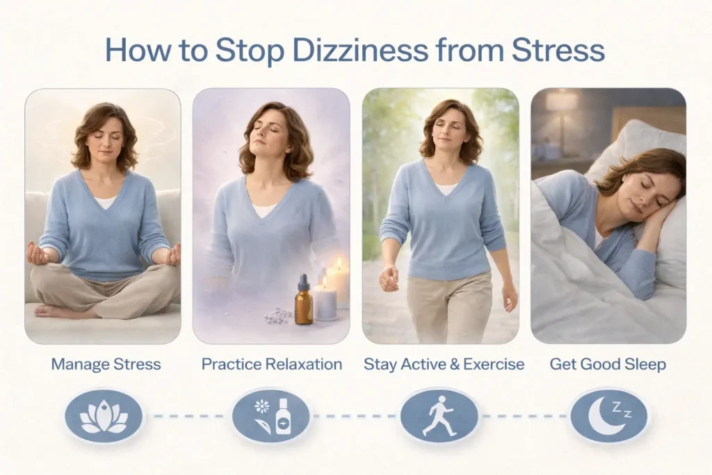 Person using slow breathing and hydration to relieve stress-related dizziness