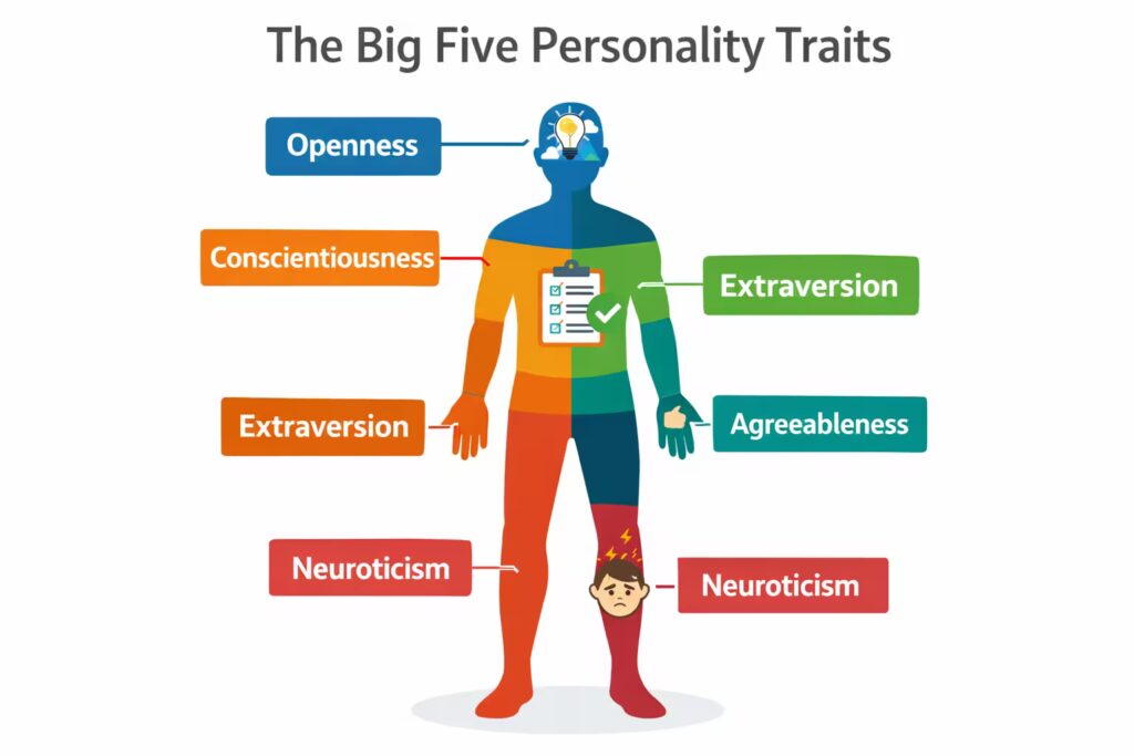 Human silhouette showing Big Five Personality Traits highlighted