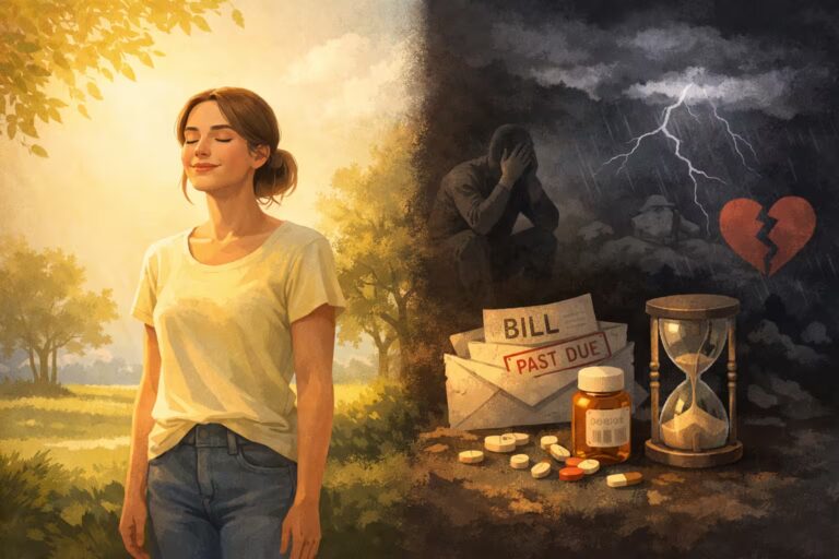 Illustration showing a calm person in soft light beside a shadowy area filled with difficult truths, representing ignorance is bliss meaning