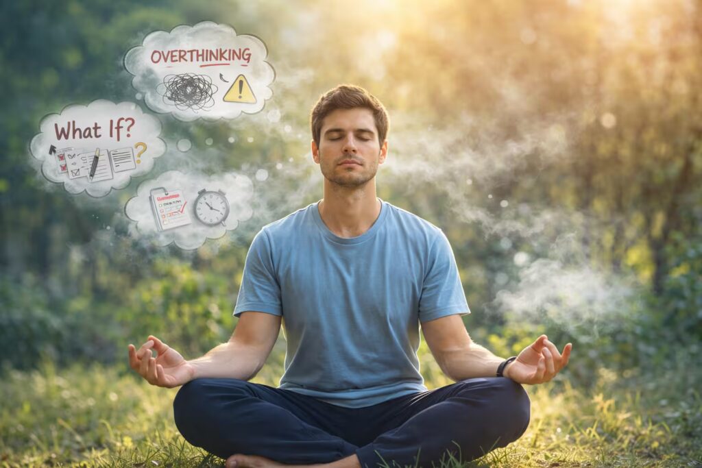 Overthinker Meaning. Meditation as a method to curb overthinking, person relaxing with fading thoughts.