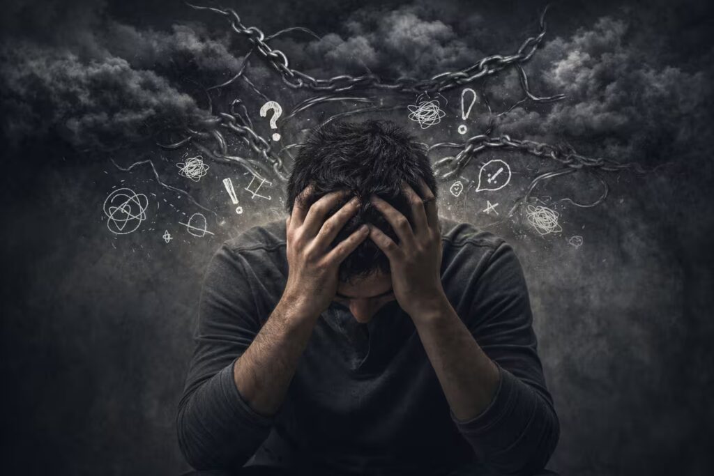 Person overwhelmed by the mental health impact of feeling trapped, symbolizing anxiety and stress.