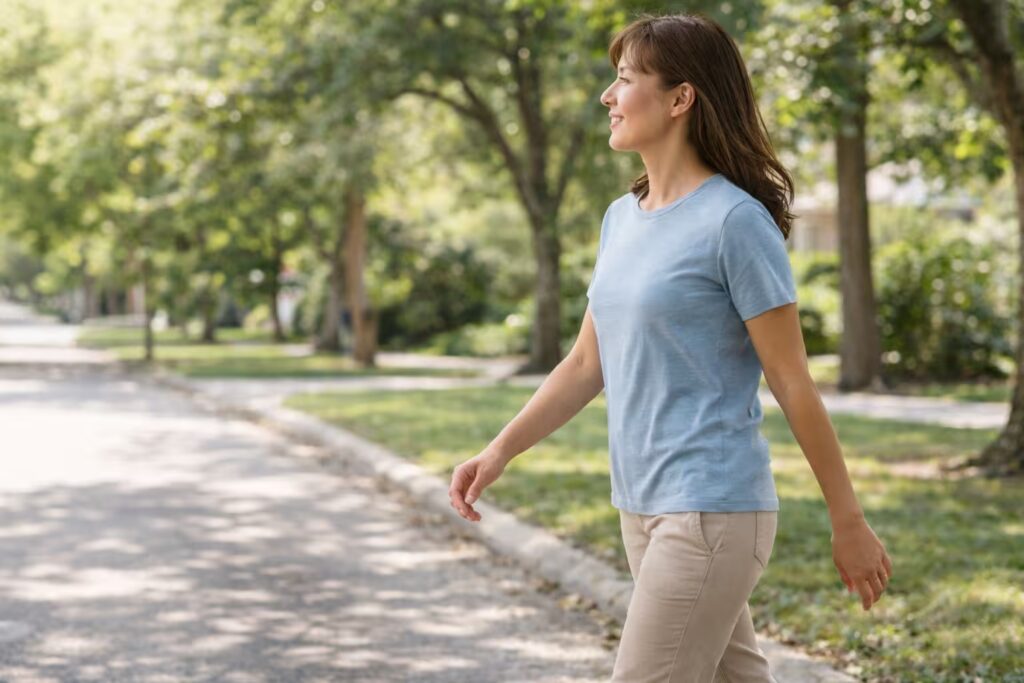 Person doing a short outdoor walk as a natural stress relief technique