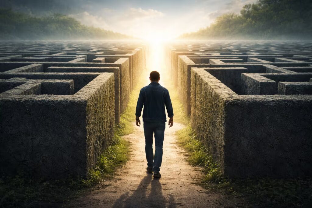 Person stepping out of a maze, symbolizing overcoming the fear of being trapped and regaining control.
