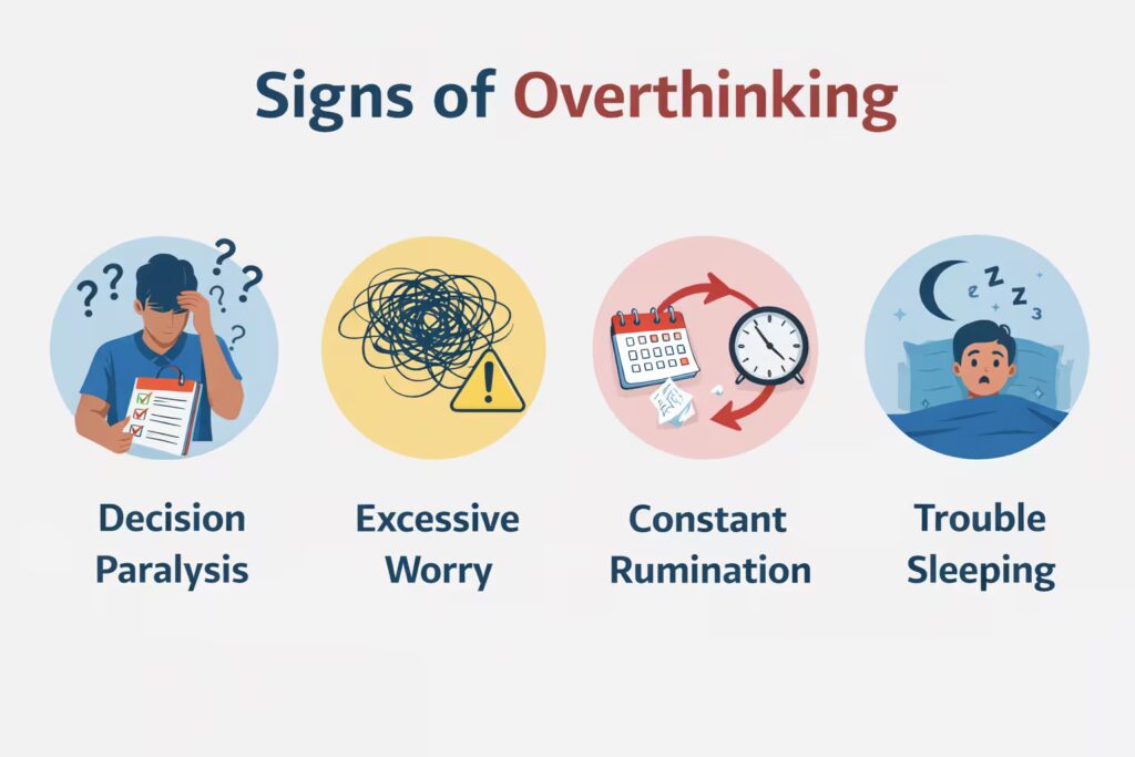 Signs of overthinking: decision paralysis, worry, and rumination visualized in an infographic.
