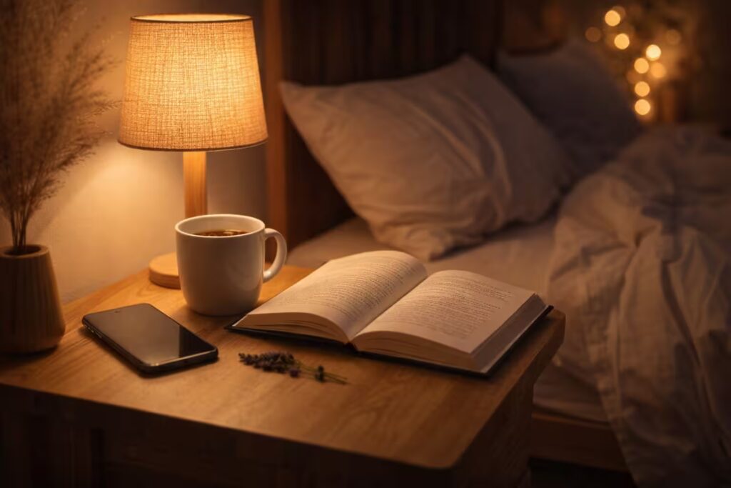 Bedtime wind-down routine showing dim lights, book, and phone away for better sleep