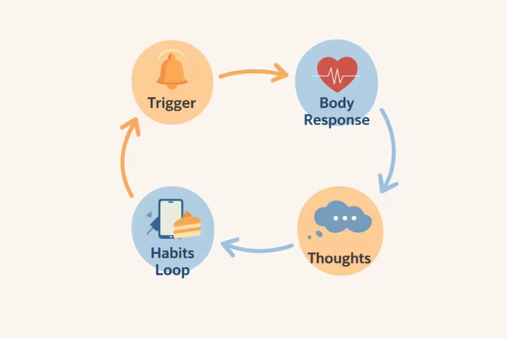 How to reduce stress naturally?Diagram showing the stress cycle: trigger, body response, thoughts, and habits