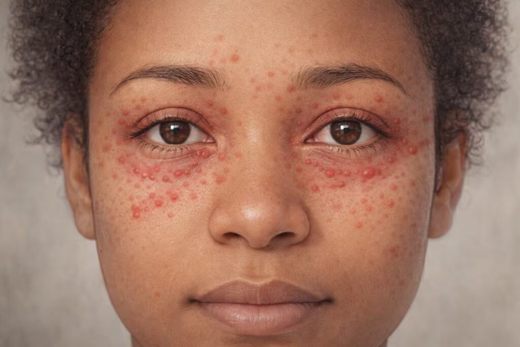 Early stage anxiety stress hives on face with red spots around eyes.