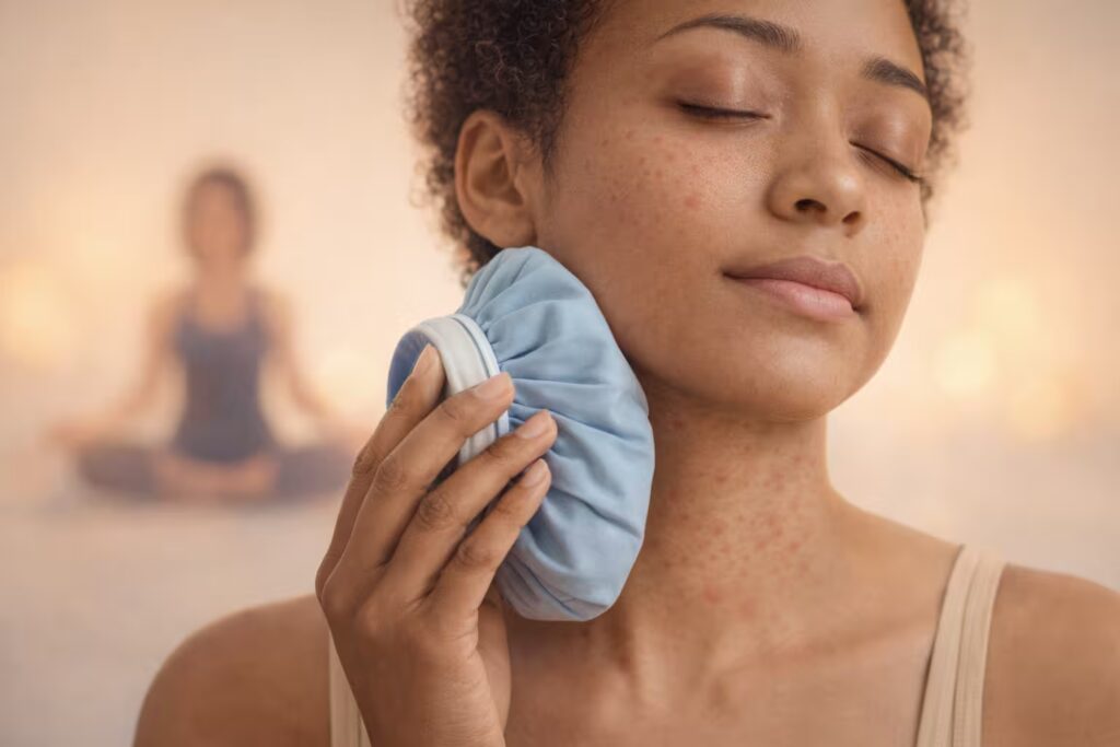 Natural treatment for stress hives using cold compress on skin.