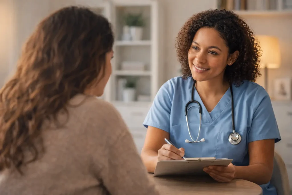 Adult speaking with a healthcare professional about anxiety symptoms in a calm office setting