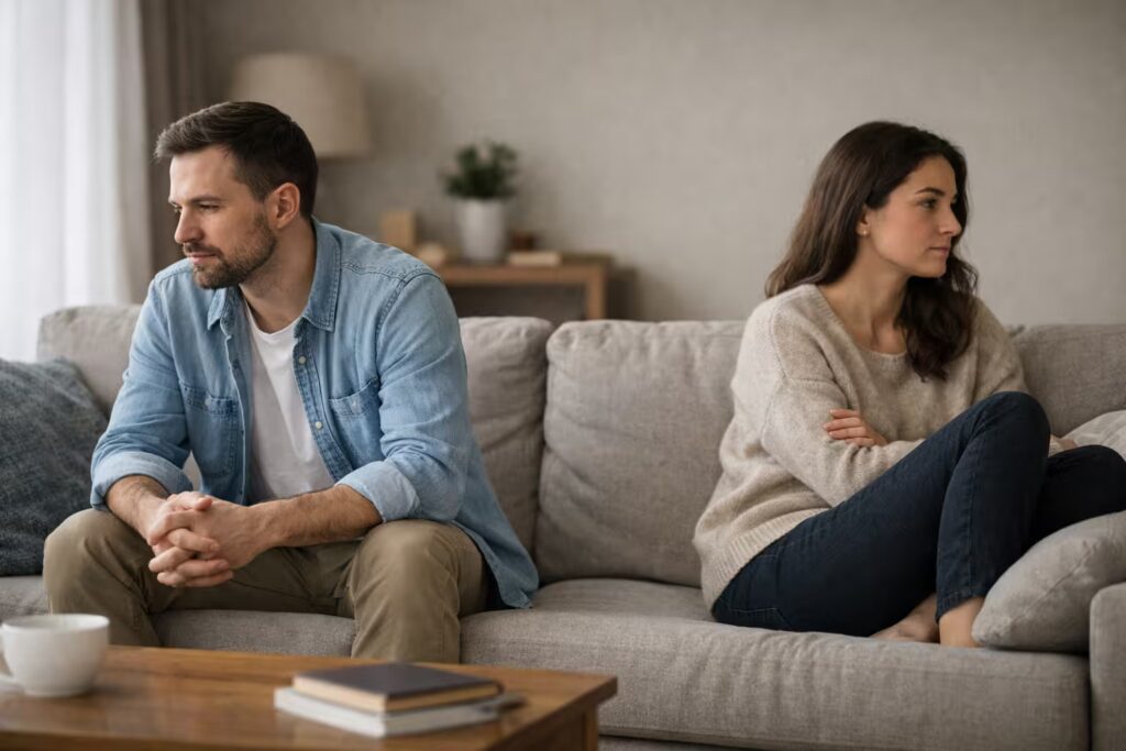 Why Bipolar Relationships Fail? Couple sitting apart at home showing emotional distance in a bipolar relationship article