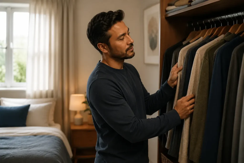 Adult person exploring clothing as a form of curiosity and self-expression.