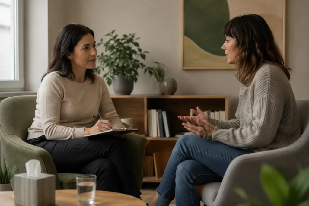 Mental health professional supporting a client with emotional triggers and relationship stress.