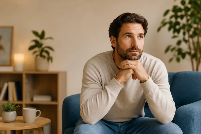 Adult man reflecting on what triggers cross dressing in a calm mental health setting.