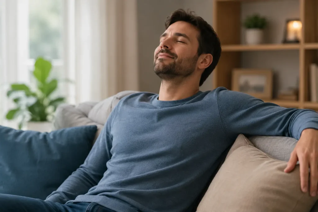 Man relaxing in a private space while reflecting on cross dressing triggers and stress relief.