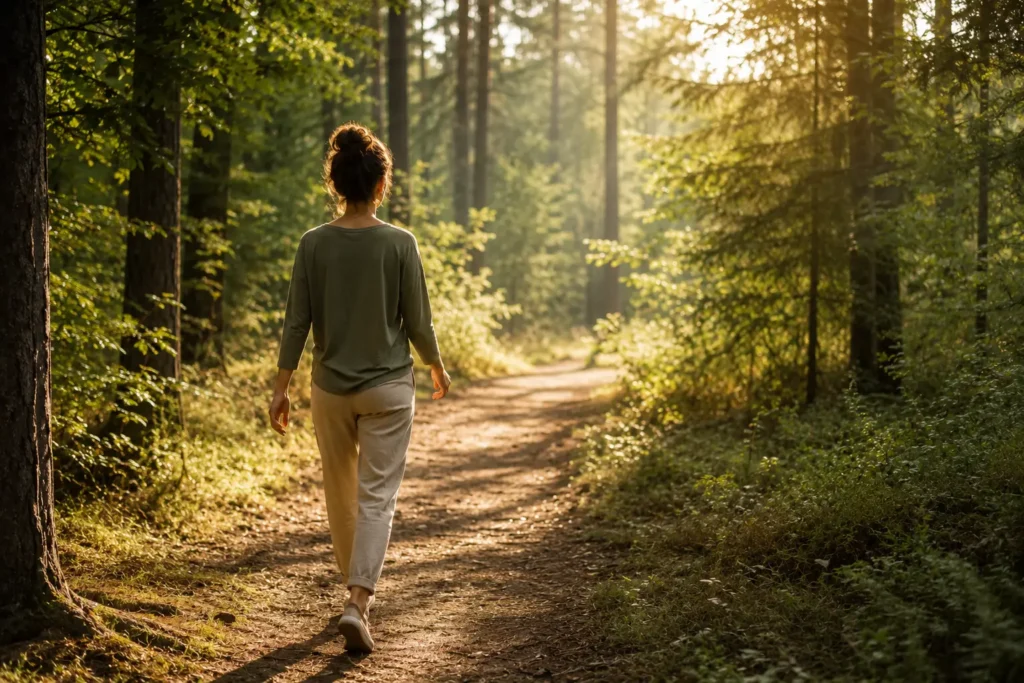 Woman walking through a sunlit forest trail representing post-traumatic growth and healing stages